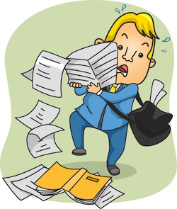 Illustration of an Office Guy Struggling with Carrying a Large Stack of Paper