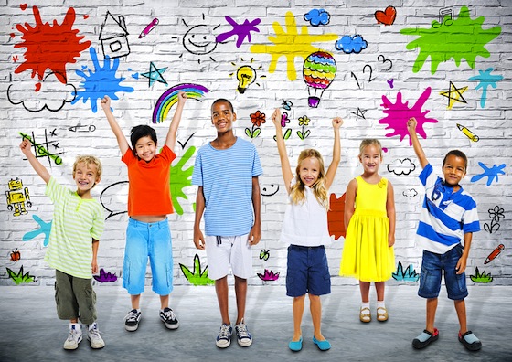 Group of Diverse Children Playing with Colorful Background