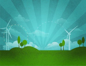Renewable Energy Ecology Background, with wind turbines, clean air and green landscape