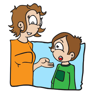 cartoon illustration of a boy talking with his mom isolated on white