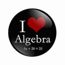 I Love Algebra button A black and red button with word Algebra and an equation and a heart isolated on a white background