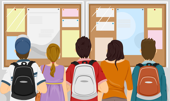 Illustration Featuring a Group of Students Gathered in Front of a Bulletin Board