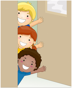 Children inside Classroom Waving with Clipping Path