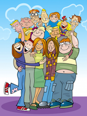 cartoon illustration of teenagers group in a hug