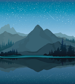 Vector night landscape with mountains, lake and forest on a starry sky background