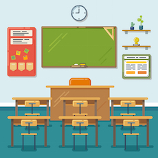 School classroom with chalkboard and desks. Vector flat illustration