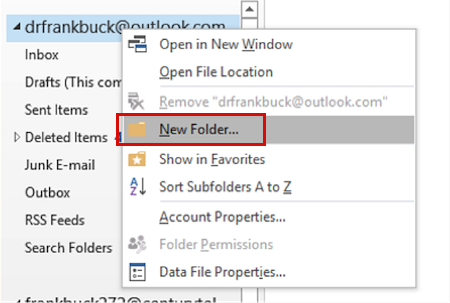 Right click to create the Just in Case folder in Outlook