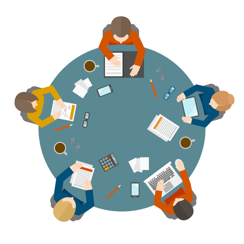 Flat style office workers business management meeting and brainstorming on the round table in top view vector illustration