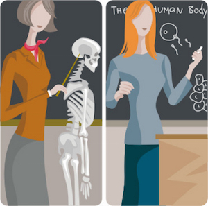 Teacher illustrations series. 1) Biology teacher examining a skeleton. 2) Biology teacher teaching a