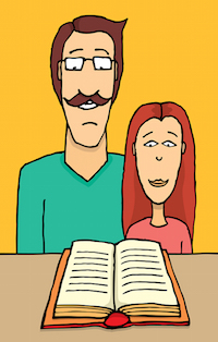 Cartoon illustration of a Father and daughter reading
