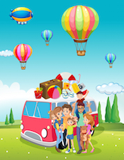 Family trip and balloons flying illustration