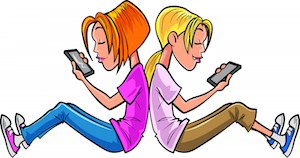 Two cartoon teen girls using mobile phones. Isolated