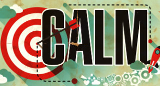 Poster with the word CALM in big letters in front of an arrow in a bull's-eye