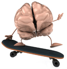 Illustration of a miniature brain on a skateboard