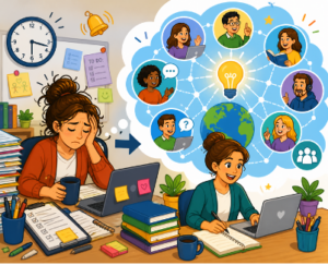 Overworked woman at a cluttered desk transitions to a globe-centered network of diverse people sharing ideas around a lightbulb, symbolizing teamwork and ideation.
