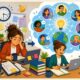 Two students study at a desk with laptops, books, and notes; a globe and connected people illustrate online collaboration.